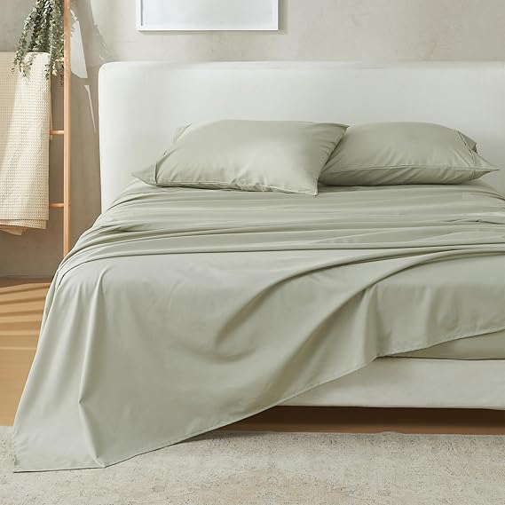 King Size Cotton & Rayon Derived from Bamboo Blend Sheets | 4 Piece Breathable, Ultra-Soft, Green Sheet Set | Cooling Sheet & Pillowcase Set for Hot Sleepers