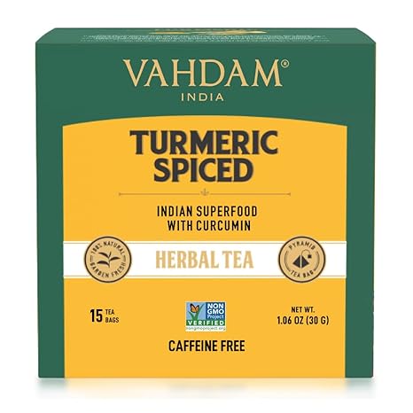 VAHDAM, Turmeric Spice Herbal Tea Bags (15 Count) Gluten Free, Non-GMO | Herbal Blend Of Turmeric, Black Pepper, Cinnamon, Bergamot Flavor, Ginger, Cardamom, Lemongrass | Brew It As Hot Or Iced Tea