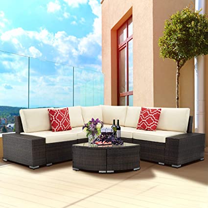 U-MAX 6 Piece Outdoor Patio Furniture Set, PE Rattan All Weather Wicker Sofa Set, Outdoor Sectional Furniture Set with Cushions Arc-Shaped Table (Brown)