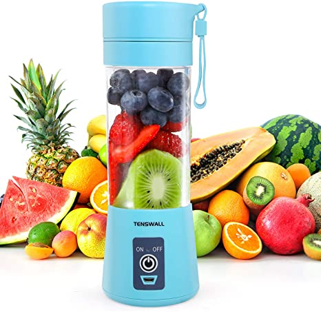 TENSWALL Portable Mini Blender, 380ml Personal Blender Smoothie Maker Fruit Mixing Machine with Six Blades, Mini Jucier Cup USB Rechargeable for Home, Office, Sports, Outdoors-Blue