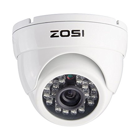 ZOSI 800TVL CCTV Camera 24 IR LEDs Indoor outdoor Day Night Vision 65ft Security Dome Color Camera For DVR Surveillance System -Aluminum Metal Housing (white)