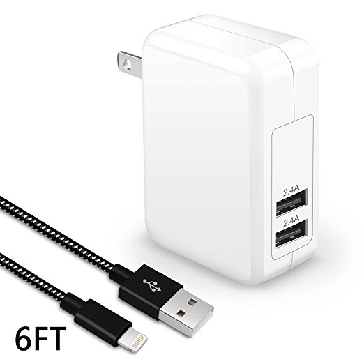 Airsspu iPhone Charger,4.8A 24W Dual USB Portable Travel Wall Charger with Foldable Plug 6FT Long Apple Lightning Cable Charging Cord for iPhone 7Plus/7/6S Plus/6S/6/5S/SE/5C,iPad Air(Black White)