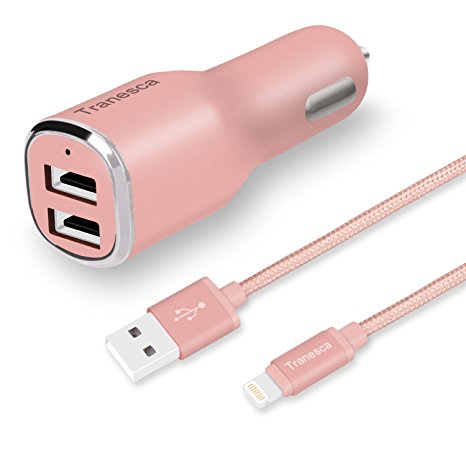 Rose gold car charger kit-Tranesca 24W Dual USB car charger with 6ft nylon braided MFI (Apple certified) charging cable