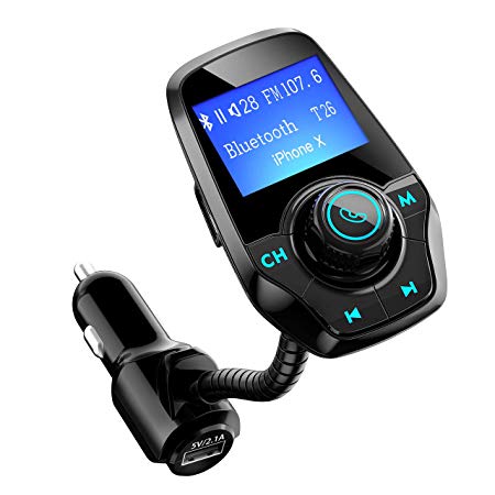 Bluetooth FM Transmitter, TopElek Hands-Free Car Kit Charger with Power Off Function, Dual USB Ports, 1.44'' Large Screen Radio Adapter Music Player Support USB Flash Drive, TF Card, Aux Input