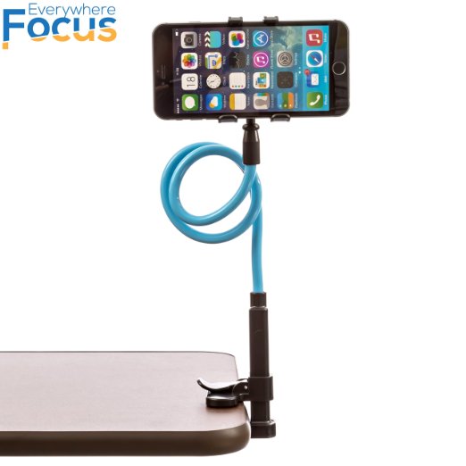 EverywhereFocus(TM) Cell Phone Holder For Desk [New Stylish Clamp], Flexible 360° Cool Universal Smartphone Stand, Lifetime Warranty! Strong 2' Stick, Devices Up To 4" Wide. Go HandsFree! Blue/Black