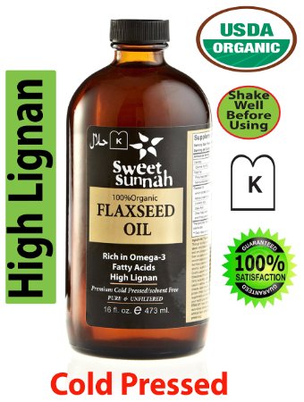 Certified Organic Pure and Top Quality Cold Pressed FlaxSeed Oil- No preservatives and Artificial color- Glass Bottle MADE LOCAL IN NY USA BY SweetSunnah