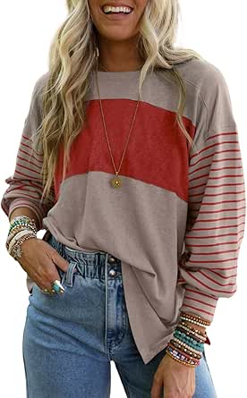 Dokotoo Long Sleeve Fall Tops Oversized 2024 Trendy Round Crew Neck Casual Color Block Womens Shirts Blouses