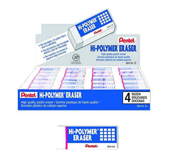 Pentel Hi-Polymer Block Eraser, Small, Box of 48 Erasers (ZEH-05)