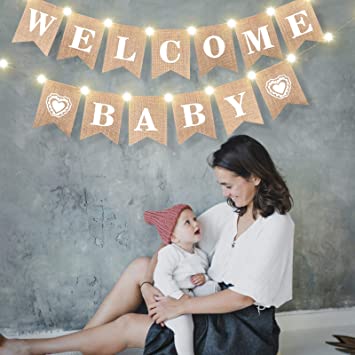 Welcome Baby Banner Baby Shower Bunting Burlap Banner with LED Fairy String Light 8 Flicker Mode, Photo Booth Props for Baby Shower Party Celebration