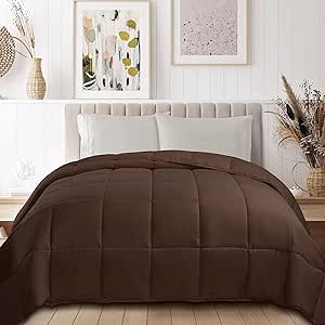 SUPERIOR Classic All-Season Reversible Comforter, Comfy, Fluffy, Cozy, Lightweight, Decorative, Duvet Insert, Plush, Oversized Bedding Essential, Box Quilt Design, 4 Corner Loops, Twin XL, Chocolate