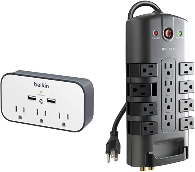 Belkin 3-Outlet Wall Mount Cradle Surge Protector With Dual USB Charging Ports (2.4 Amp Total) & 12-Outlet Pivot-Plug Power Strip Surge Protector, 8ft Cord(4,320 Joules)