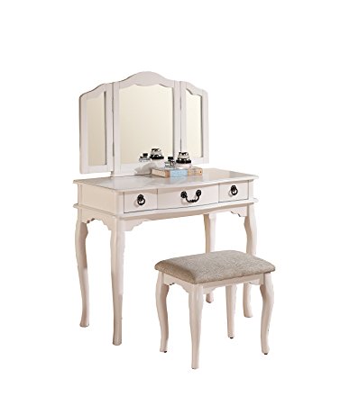 Poundex Bobkona Susana Tri-fold Mirror Vanity Table with Stool Set, White