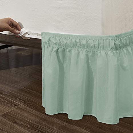 QSY Home Wrap Around Elastic Solid Bed Skirts Dust Ruffle Three Fabric Sides Easy On/Easy Off Adjustable Polyester Cotton 14 1/2 Inches Drop (Light Green Twin/Full)