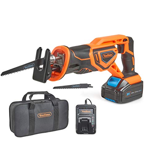 VonHaus Cordless Reciprocating Saw with 3.0Ah Li-ion 20V Max Battery, Charger, 2 x Wood Blades & Power Tool Bag - Includes Tool-Less Blade Change (22mm/1” Stroke Length)