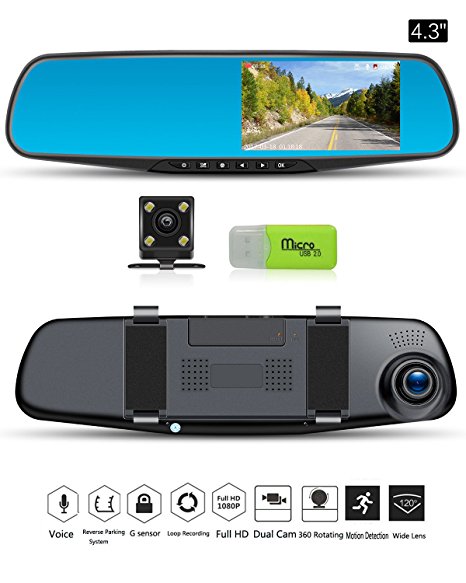 Dash Cam Mirror Camera 4.3” LCD FHD 1080P Dual Lens Car Camera Front and Rear View Camera with G-Sensor Parking Monitor Video Recorder