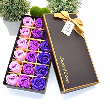 MAYMII 18Pcs Flora Scented Bath Soap Rose Flower Flowers Made By Nature Plant Essential Oil Set，in Gift Box, (Pink，Blue, Red, Purple for Choice) (Purple)