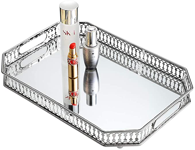 Hipiwe Vanity Makeup Mirror Tray - 13.8" 10" Metal Jewelry Trinket Organizer Tray Large Cosmetic Perfume Tray Home Decorative Tray for Dresser Bathroom Bedroom Countertop