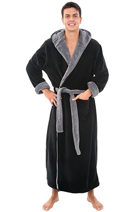 Alexander Del Rossa Mens Fleece Robe, Long Hooded Bathrobe