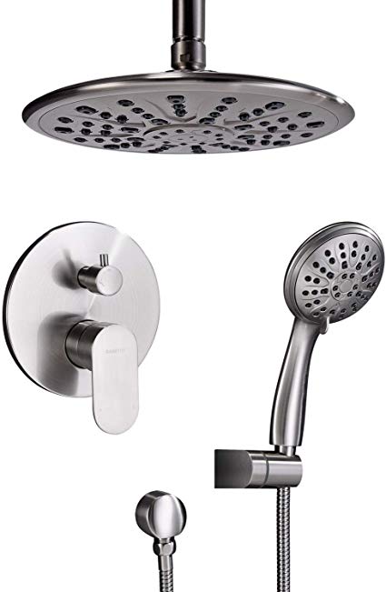 Shower System, Ceiling Shower Faucet Set for Bathroom with High Pressure 8" Rain Shower head and 3-Setting Handheld Shower Head Set, Pressure Balance Valve with Trim and Diverter, Brushed Nickel