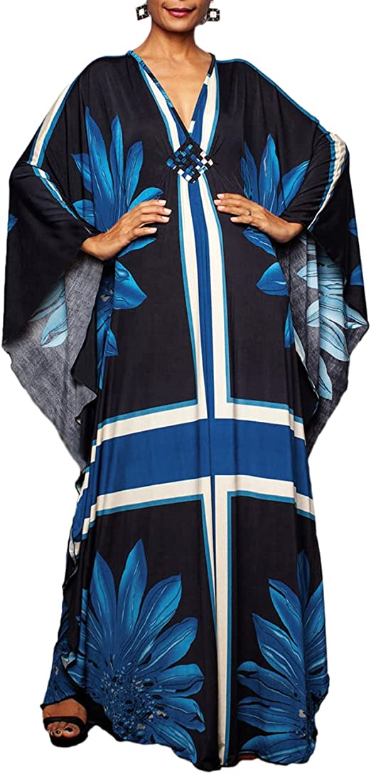 Bsubseach Women Ethnic Print Kaftan Beach Dress Plus Size Swimsuit Cover Up