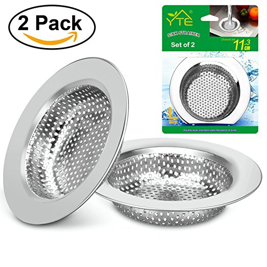 Kitchen Sink Strainer, YTE 2PCS Stainless Steel Sink Drain Strainer, Using Edge Covering Process, Large Wide Rim 4.5" Diameter, Perfect for Kitchen Sinks