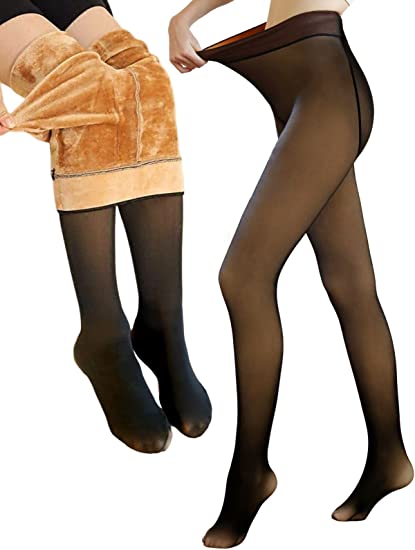 Pantyhose Fleece Lined Tights, Fake Translucent High Waist Footed Leggings, Stretchy Slim Thermal Winter Tights for Women