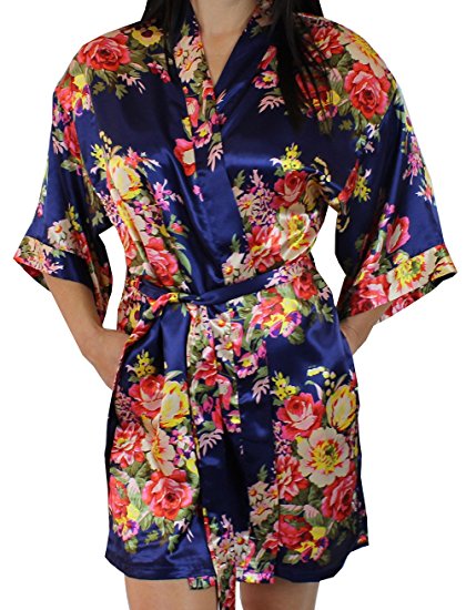Women's Floral Satin Kimono Short Bridesmaid Robe With Pockets - Silky Touch