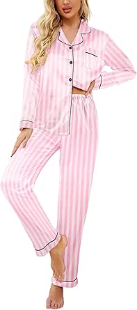 Ekouaer Womens Satin Pajama Set Classic Pattern Silky Pj Sets Button Down Sleepwear Loungewear