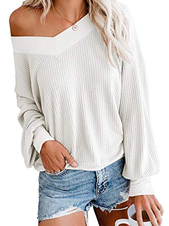 Dressmine Women's V Neck Long Sleeve Shirts Waffle Knit Off Shoulder Tops Oversized Pullover Sweaters