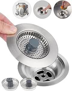 Hibbent Universal 3 in 1 Metal Kitchen Sink Drain Strainer, Upgraded Stainless Steel Drain Stopper Combo, Pop Up Sink Stopper, 3 SUS304 Anti-Clogging Basket Strainer for US Standard 3-1/2" Drain