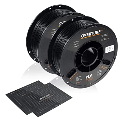 OVERTURE PLA Filament 1.75mm with 3D Build Surface 200mm × 200mm 3D Printer Consumables, 1kg Spool (2.2lbs), Dimensional Accuracy  /- 0.05 mm, Fit Most FDM Printer, Black, 2-Pack