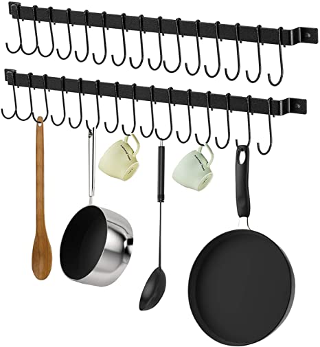 X-Chef Kitchen Rail with 15 S Hooks, 2-Pack 26inch Utensil Rack Wall Mounted Hanger for Pot Pan Lid Spatula, Hanging Kitchen Hooks for Utensils, Black