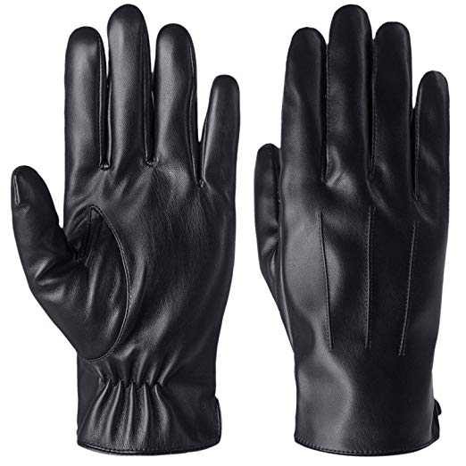 Mens Winter Leather Gloves Snap Closure Touch Screen Driving Gloves Warm Gloves with Fleece Lining