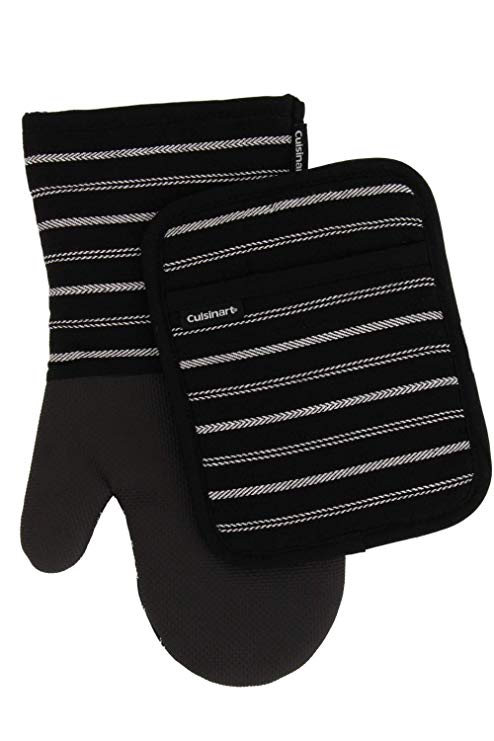 Cuisinart Neoprene Oven Mitts and Potholder Set – Heat Resistant Gloves to Protect Hands and Surfaces with No-Slip Grip, Hanging Loop –Ideal for Handling Hot Cookware Items – Twill Stripe Jet Black