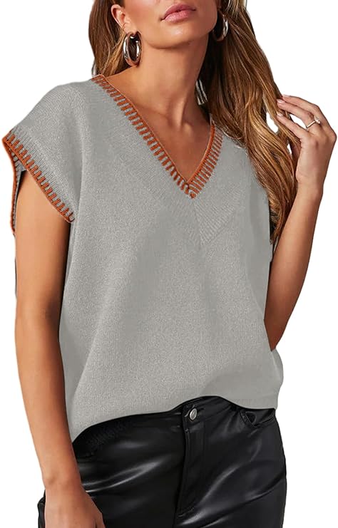 Dokotoo Women's V Neck Sleeveless Sweater Vest Casual Solid Cap Sleeve Knit Pullover Tank Tops 2024 Clothes