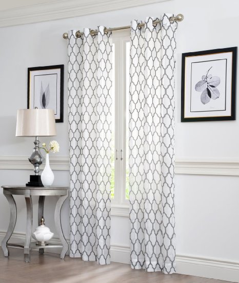 2 Piece GEO Flocked Sheer Grommet Window Curtain Panels 38" X 84" Total 76 " X 84" (Grey)