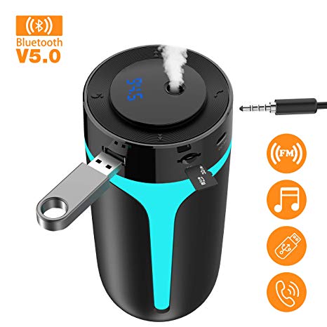Bluetooth FM Transmitter for Car with USB Portable Car Humidifier,Wireless FM Transmitter Radio Adapter Car Kit with Hands Free Calling,USB Charging Ports,U Disk,TF Card,MP3 Music Player,7 Color,300ml