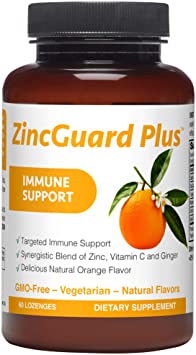 ZincGuard Plus Lozenges with Vitamin C & Ginger, 60 Naturally Orange Flavored Lozenges, GMO-Free, Vegan, Immune Support