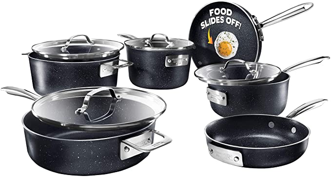 Granitestone Diamond Pro Steel Stackable Pots and Pans Set Stackmaster Complete 10 Piece Ultra Nonstick Space Saving Cookware 100% PFOA Free and Dishwasher Safe