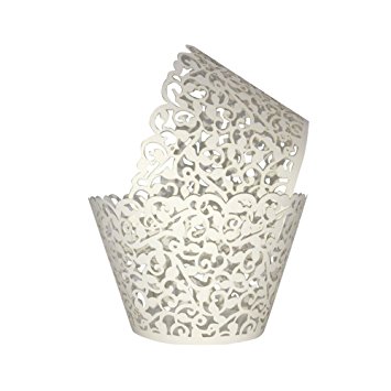 Cupcake Wrappers 100pcs/pack Creamy White Lace Cupcake Liners Laser cut Cupcake Papers cupcake cups Muffin cups for Wedding/Birthday Party Decoration(FREE GIFT INCLUDED: 15 PACK CAKE TOPPERS)