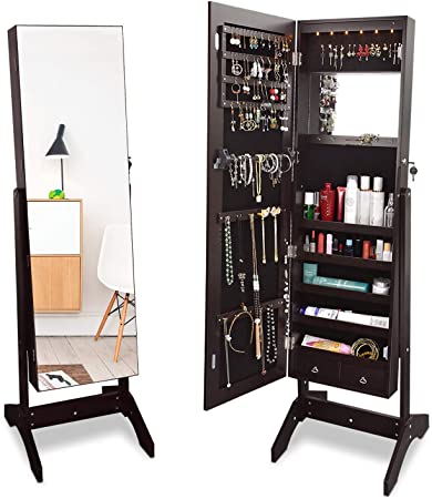 GALSOAR Jewelry Armoire, Frameless Full Length Mirror Standing Jewelry Armoire with Built-in Makeup Mirror with LED Lights, Large Storage Capacity Cabinet Mirror