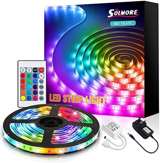 LED Strip Light with Remote 5M, SOLMORE RGB Strips Lighting SMD5050 Color Change LED Rope Lights Ideal for bedrooms, Party Decorations, with Adhesive and Fixed Clips, 12V Power Supply