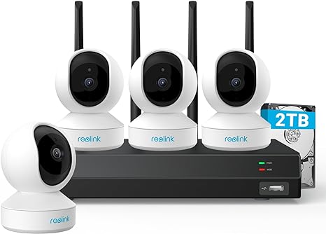 REOLINK 12CH Wireless Security Camera System, 4pcs E1 Pro 4MP Indoor WiFi Camera with Auto Tracking, Smart Detection, 2.4/5 GHz WiFi, Bundle 1x Reolink 4K 12CH WiFi NVR RLN12W with Built-in 2TB HDD