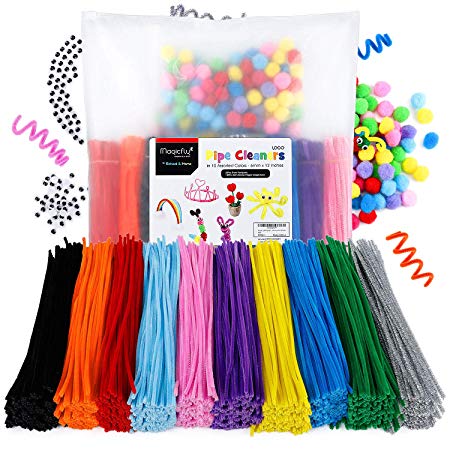 Magicfly 1000 Pcs Pipe Cleaners with 100 Pieces Pompom Balls(25mm) and 50 Pcs Wiggle Googly Eyes, Chenille Stems in 10 Assorted Colors, 6mm x12 inch for DIY Arts & Craft Projects