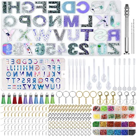 Alphabet Silicone Resin Molds, Letter Number Keychain Epoxy Moulds for Resin Casting with Tassels and Glitter Sequins
