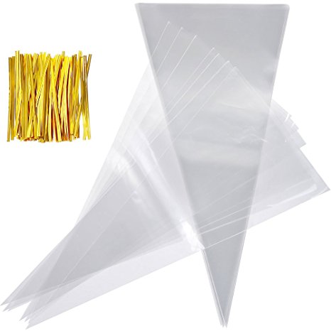 Faburo 100 Pieces Cone Bags Clear Cello Bags Treat Bags with 100 Gold Twist Ties for Sweets, Crafts