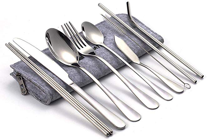 Portable Utensils, Travel Camping Cutlery Set,10-Piece including Knife Fork Spoon Chopsticks Cleaning Brush Straws Portable Case, Stainless Steel Flatware set … (Light gray bag)