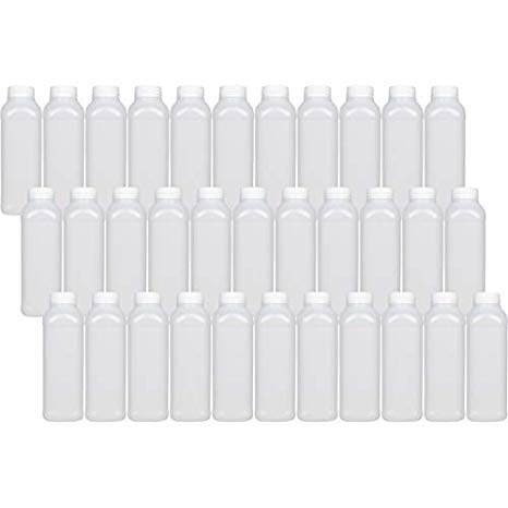 16 oz Empty Plastic Juice Bottles - Set of 33 with Tamper Evident Caps. BPA Free