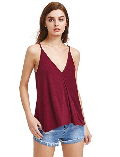 ROMWE Women's V Neck Strappy Loose T-shirt Tank Top Vest Blouses