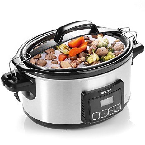 Slow Cooker, BESTEK 6 Quart Slow Cookers Programmable Digital Timer, Oval Pot with Latch Lock Lid and Stainless Steel Finish